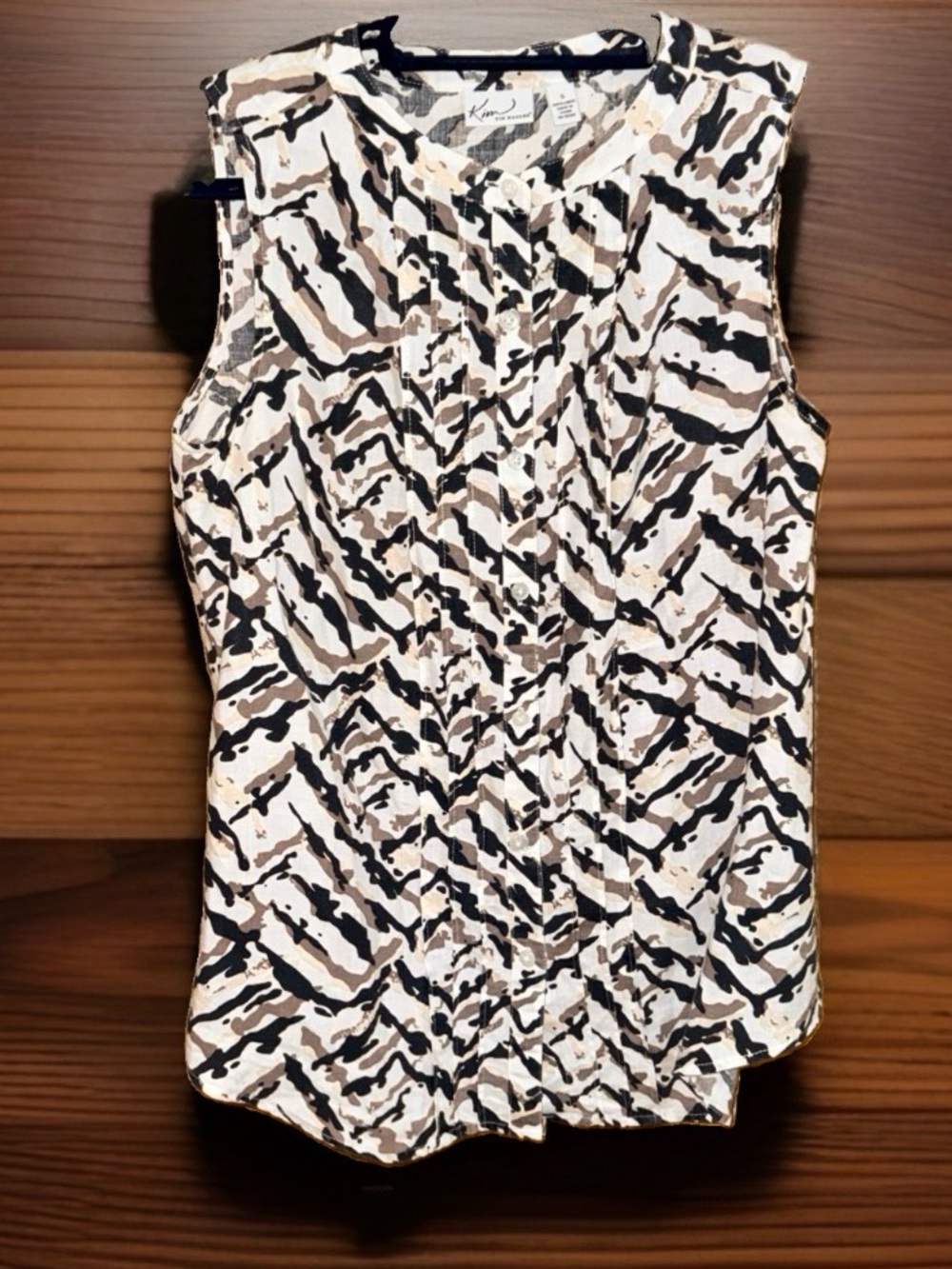 Kim Rogers Linen Sleeveless Pleated Top w/Abstract Print in Black & Tan-S-EC